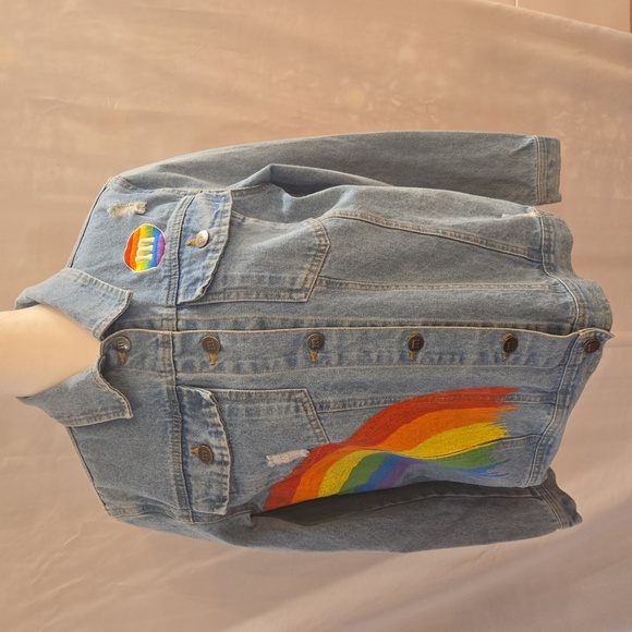 M&M'S Vibes Rainbow Distressed Light Blue Cotton Jean Jacket Womens Size Small - Picture 1 of 12